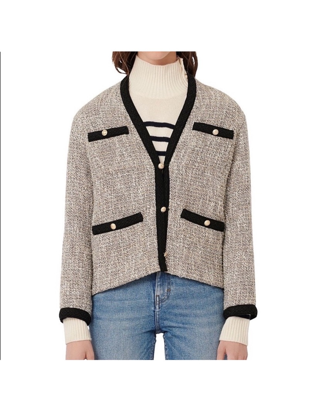 Maje Lurex Gray Bouclé Blazer with Black Trim